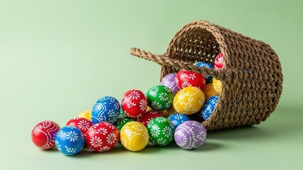 Colorful patterned Easter eggs spill vibrantly from a rustic woven basket, creating a joyful springtime celebration on a soft pastel green background