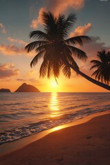 Calm tropical ocean sunset with leaning palm tree fine sand and cinematic lighting