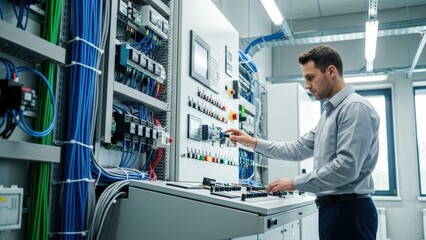 Fototapeta premium Dedicated engineer meticulously tests intricate electrical installations and multi-color wires within a modern relay protection system adjusting automation control schemes
