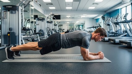 Determined man builds impressive core strength performing a challenging plank exercise on a mat inside a spacious, well-lit modern gym
