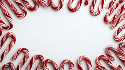 Red and white striped Christmas candy canes arranged in festive frame on white background, sweet holiday treat for New Year and Christmas mood