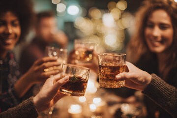 Group of friends celebrating Christmas and New Year with drinks, toasting at festive party with warm lights and holiday atmosphere