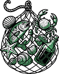 Fishing Net Sea Catch Vintage Tattoo Vector Art