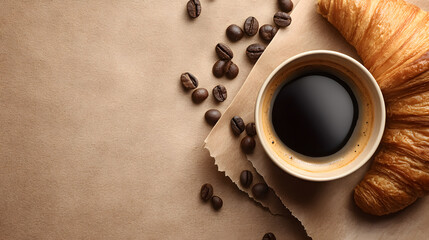 Coffee break with cup of black coffee, fresh croissant and scattered beans on kraft paper, warm and inviting snack moment