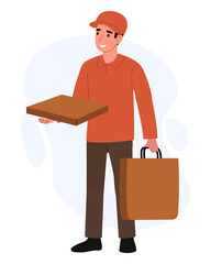 Delivery worker holds pizza box and carries bag while standing in a simple background