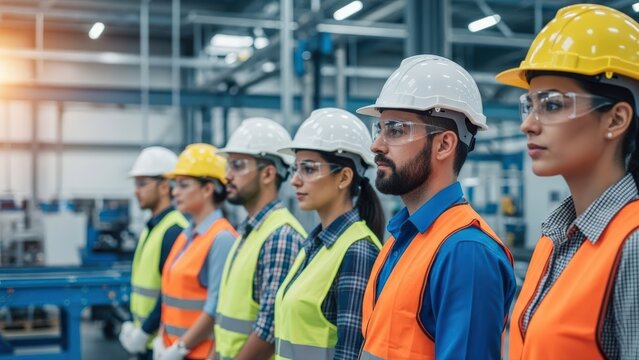 Skilled diverse mechanical engineering team stands prepared for quality maintenance and essential training, fostering production excellence in a modern factory workshop - Powered by Adobe