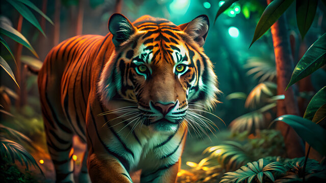 Majestic Bengal Tiger Emerging from Lush Tropical Jungle Under Dramatic Cinematic Light, Glowing Eyes and Striking Orange Stripes Surrounded by Dense Green Foliage, Wildlife Fantasy Art, Powerful Pred