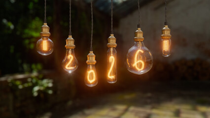 New Year 2026 glowing Edison light bulbs &ndash; festive holiday background with warm golden lights. 3d rendering illustration not AI