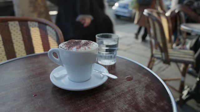 Paris France Street Cafe Cappuccino at Dusk with Passersby Bokeh