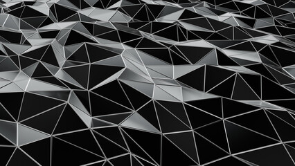 A dark, futuristic background with a low-poly geometric pattern. Features a complex mesh of black and gray triangles, ideal for technology and digital concepts. 3d rendering illustration not AI