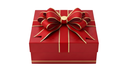 Luxury red square gift box with gold ribbon and decorative bow for celebrations isolated PNG with Transparent Background
