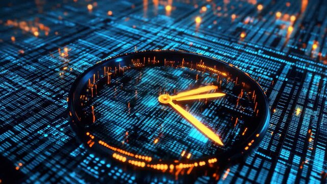 Clock displays time against a backdrop of digital code and a structured grid, Clock with moving hands over digital code and grid