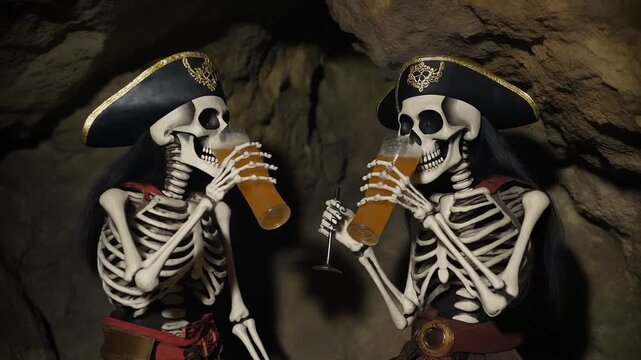 Skeleton pirates in cave toasting with drinks in humorous fantasy scene with hats and red sashes