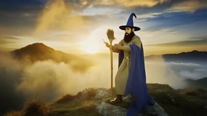 Wizard in blue cape and pointed hat on rocky mountaintop at sunrise with misty mountains and glowing sky