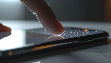 Touchscreen Interaction: A close-up shot of a finger gracefully gliding across a sleek, modern touchscreen, hinting at seamless digital connectivity and the intuitive nature of mobile technology.