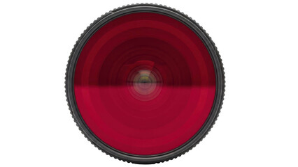 Close up of a red camera lens filter with a dark textured rim and concentric circular patterns viewed against a pure black background creating a dramatic and abstract visual.
