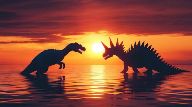 Dinosaur silhouettes confront each other at sunset in calm waters, Dinosaur silhouettes confronting each other in shallow waters at sunset