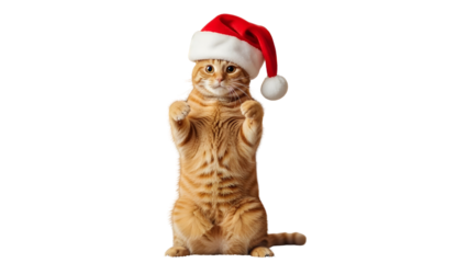Ginger cat standing on hind legs wearing a festive Santa hat ready for Christmas holidays. isolated PNG with Transparent Background