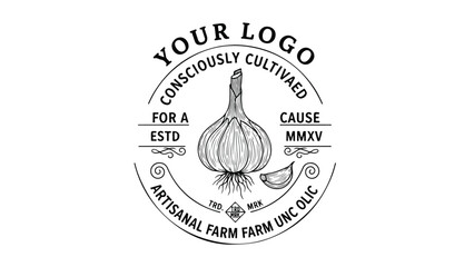 Handdrawn garlic logo for artisanal farm with text.