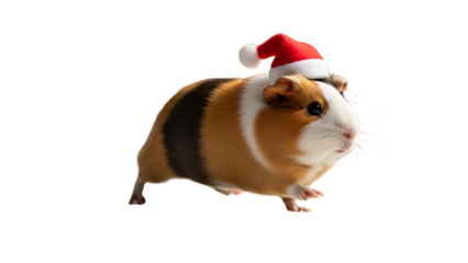 Cute guinea pig wearing a small red Santa hat isolated for Christmas holiday marketing. isolated PNG with Transparent Background