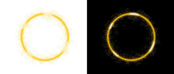 Abstract Golden Sparkling Ring Frame with Glitter Particles on White and Black Background