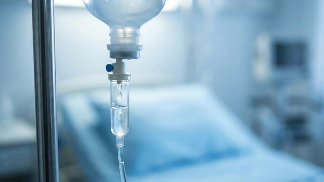 Iv drip infusion in blurred hospital room setting