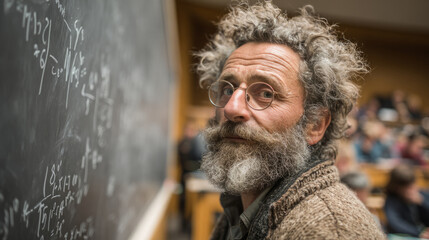 Eccentric professor solving equations on blackboard