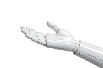Robotic hand reaching forward with open fingers on transparent background, ideal png clipart for offering, assistance, onboarding flows, customer support visuals and AI service concepts.