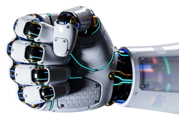 Robotic fist clenched on transparent background, powerful png clipart for strength, determination, success, AI power concepts, resilience themes and bold technology visuals.