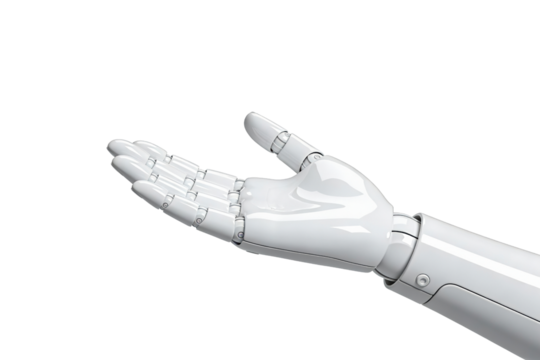 Robotic hand reaching forward with open fingers on transparent background, ideal png clipart for offering, assistance, onboarding flows, customer support visuals and AI service concepts. - Powered by Adobe