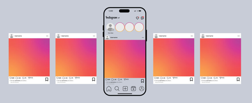 
Instagram social media post feed mobile phone mockup template.Isolated post frame, iPhone mockup. Social network app layout on smartphone vector illustration on transparent background
