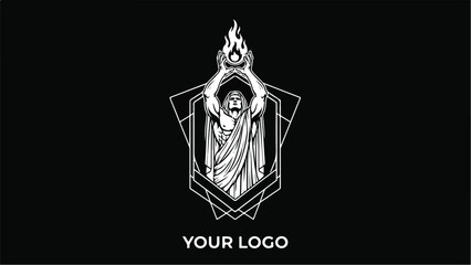 Mystical Figure Holding Flaming Orb in Geometric Frame.