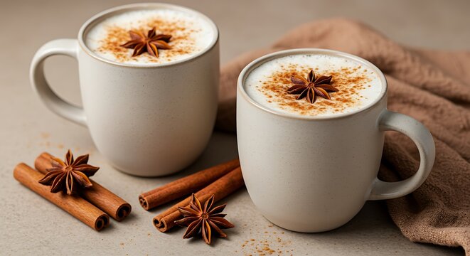 Warm and cozy spiced lattes with cinnamon sticks and star anise