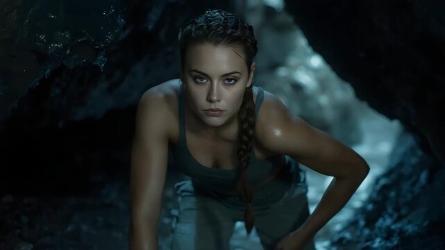 Tomb Explorer's Resolve A determined woman navigates a mysterious cave, her gaze fixed on an unseen goal, embodying the spirit of adventure and resilience. 