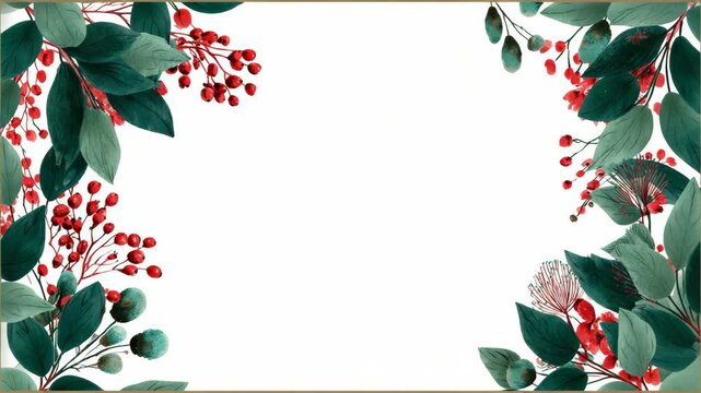 Decorative border with red berries and green leaves, watercolor style, on white background. Concept of nature, invitation, or greeting