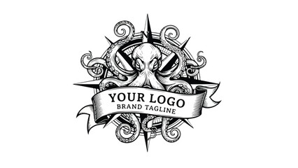 Octopus Compass Logo Design with Banner for Brand Tagline.