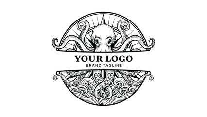 Octopus Logo Design with Compass and Ocean Waves.