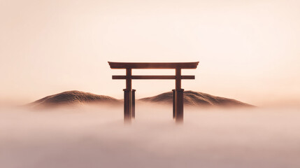 Torii gate at sunrise in misty mountains