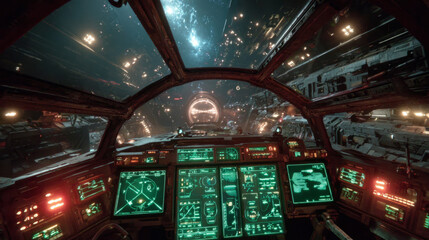 Spaceship cockpit approaching futuristic space station