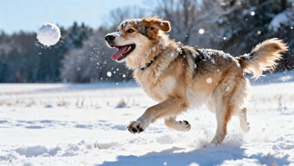 Fototapeta premium Playful dog running joyfully through snow-covered field, chasing a snowball, with trees in the background, capturing the essence of winter fun and the bond between pets and nature