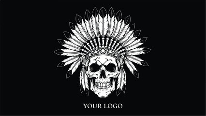 Skull wearing a Native American chief headdress with feathers 1.