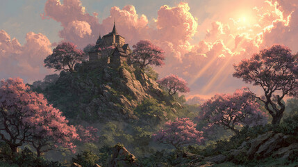 Fantasy Castle on Hill with Dramatic Clouds
