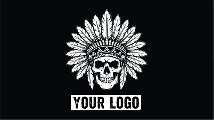 Skull wearing a Native American chief headdress with feathers.