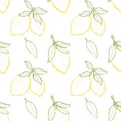 Seamless lemon pattern with crayon texture and sketchy chalk lines. Fresh citrus illustration with rough strokes, bright yellow lemons and green leaves on repeat background. 