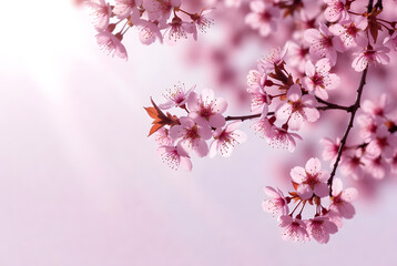 A minimalist photograph of cherry blossoms in soft pastel pink, with ample negative space and serene lighting.