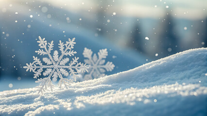 Snowflakes On Snow - Christmas And Winter Background - Natural Snowdrift Close Up With Abstract Light