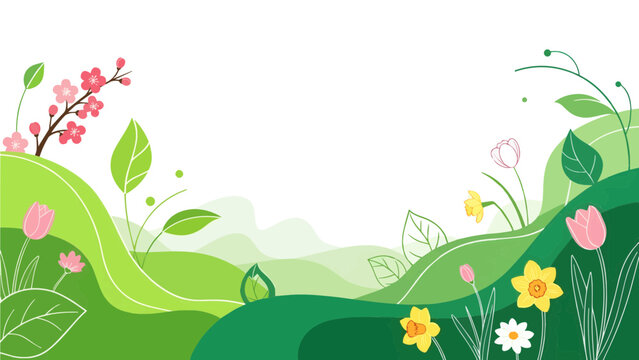 Blossoming Landscape: A vibrant spring illustration showcases rolling green hills adorned with delicate flowers, creating a fresh and serene vista.