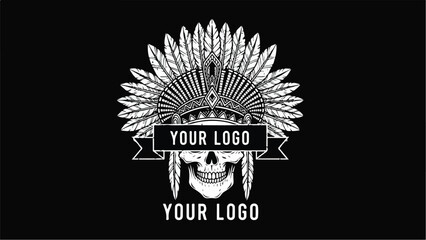 Skull with Native American Headdress Logo Design.