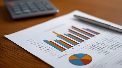 Close up of a financial report with bar and pie charts a calculator and pen on a wooden office desk