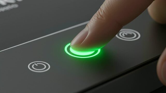 Close-up of a finger pressing a green illuminated power button on an electronic device with